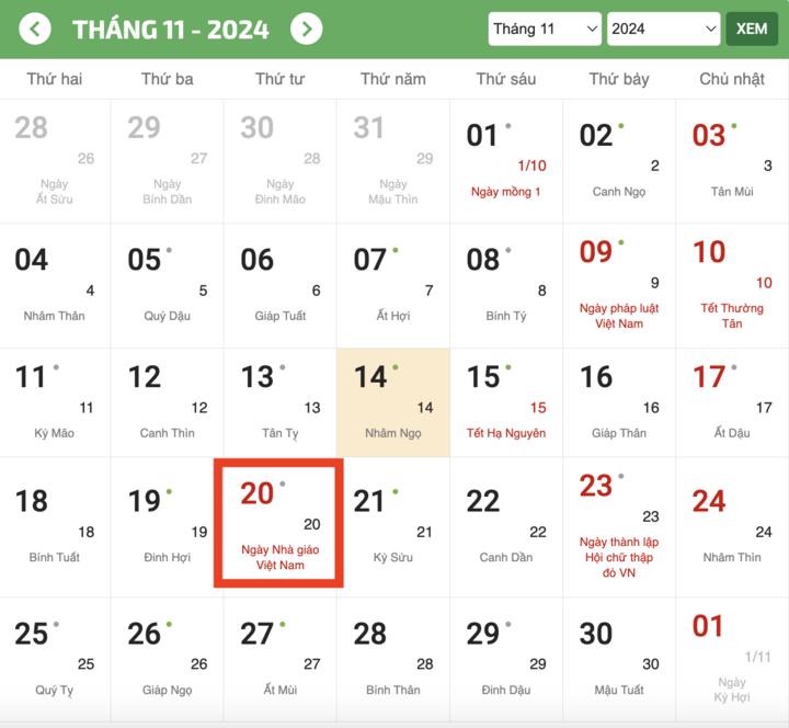 Ngày Nhà giáo Việt Nam 20/11/2024 vào thứ mấy?
