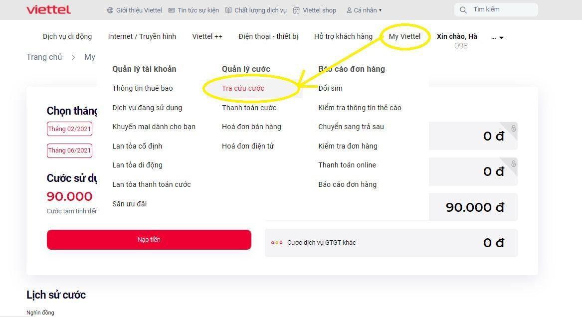 Kiểm tra gói cước Viettel đang sử dụng trên website